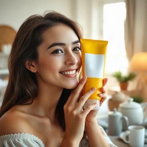 Produk kecantikan dipegang dekat wajah model
