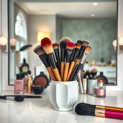 Skincare di meja rias dengan alas marmer