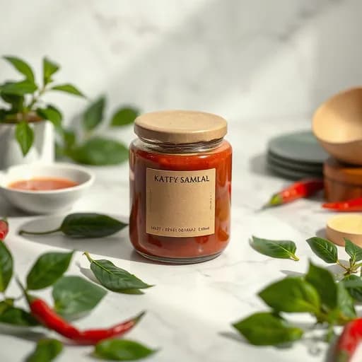 Makanan dikelilingi daun hijau, latar pastel